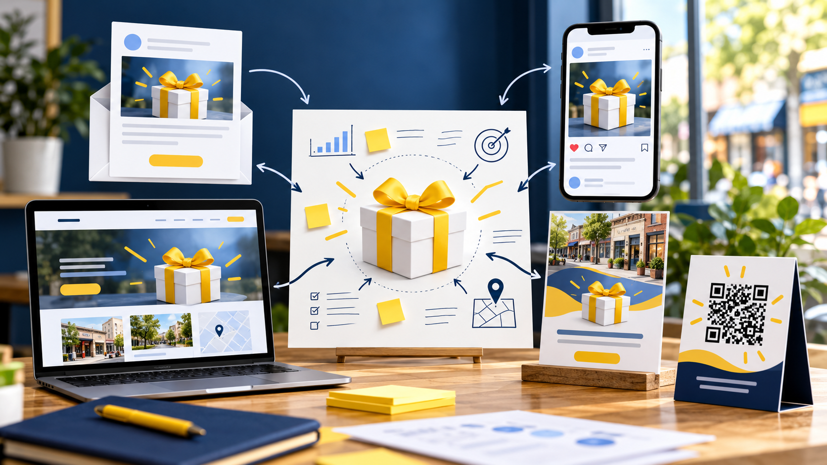 Local giveaway marketing plan connecting email, website, social media, partner materials, and QR code field promotion
