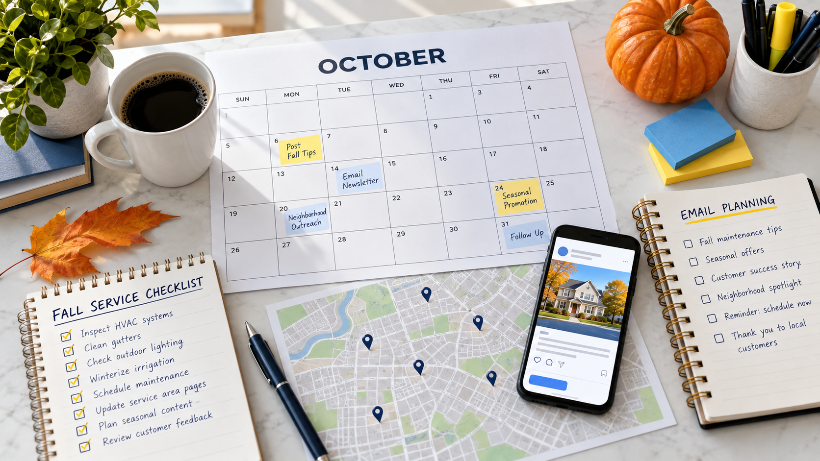 October local marketing planning desk with a calendar, service checklist, neighborhood map, and email plan