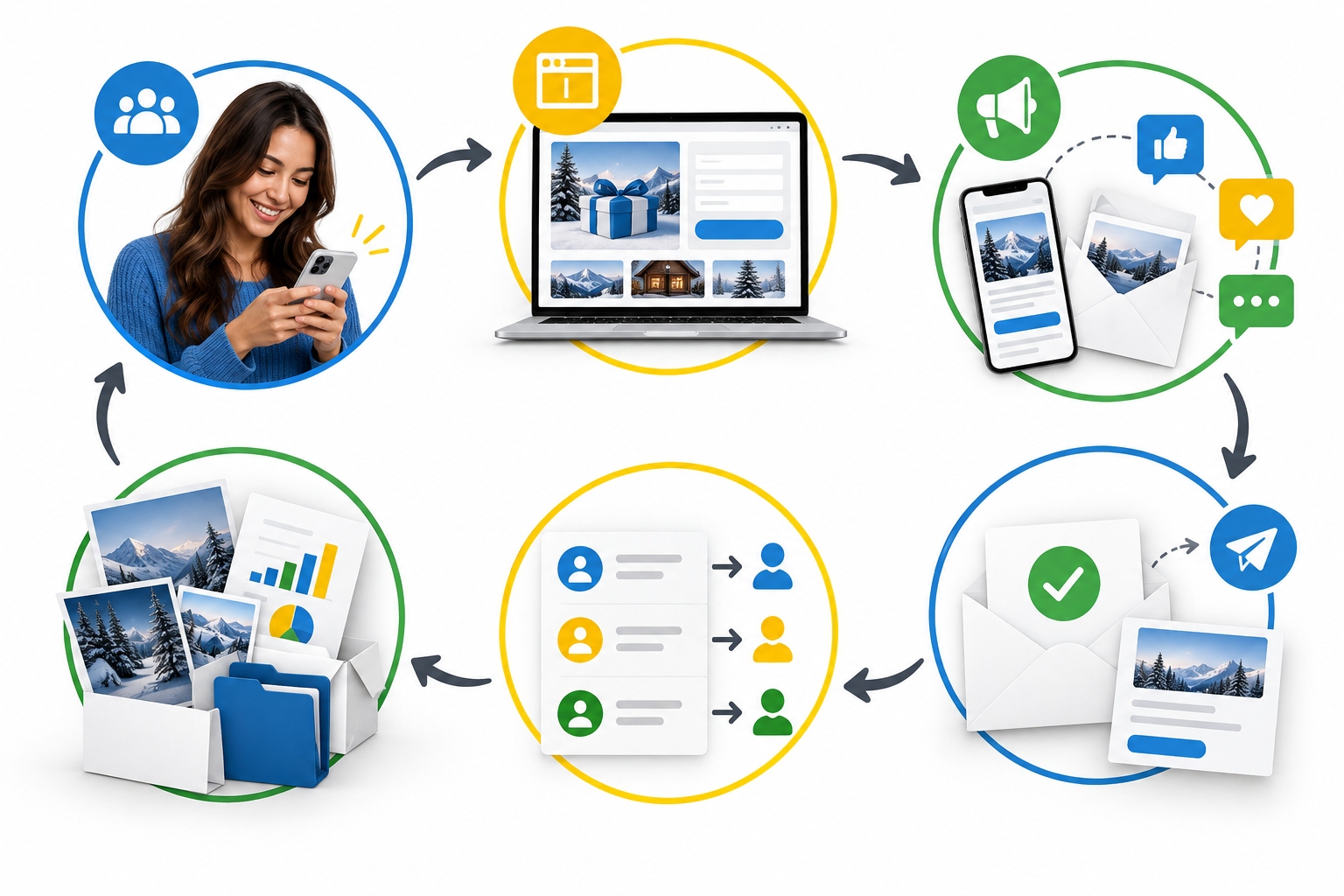 Six-stage reusable lead-engine workflow connecting audience signals, landing page, promotion, follow-up, lead routing, and post-campaign assets