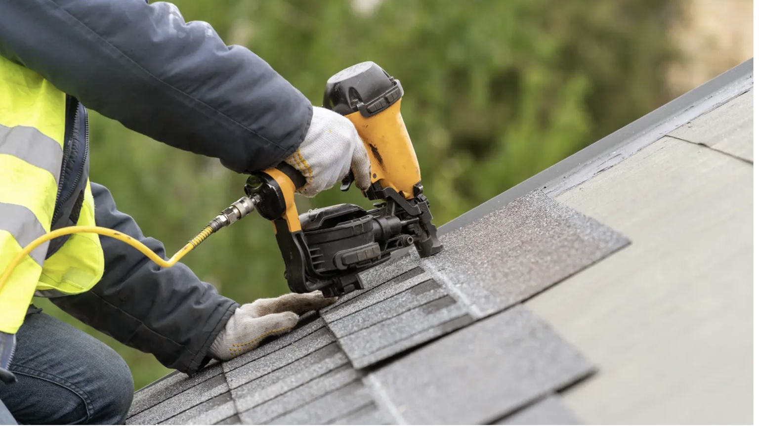 Close-up roof shingles installation
